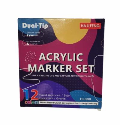 MARCADOR ACRíLICO X12 COLORES DOBLE PUNTA FINA Y GRUESA DUAL TIP HALIFENG